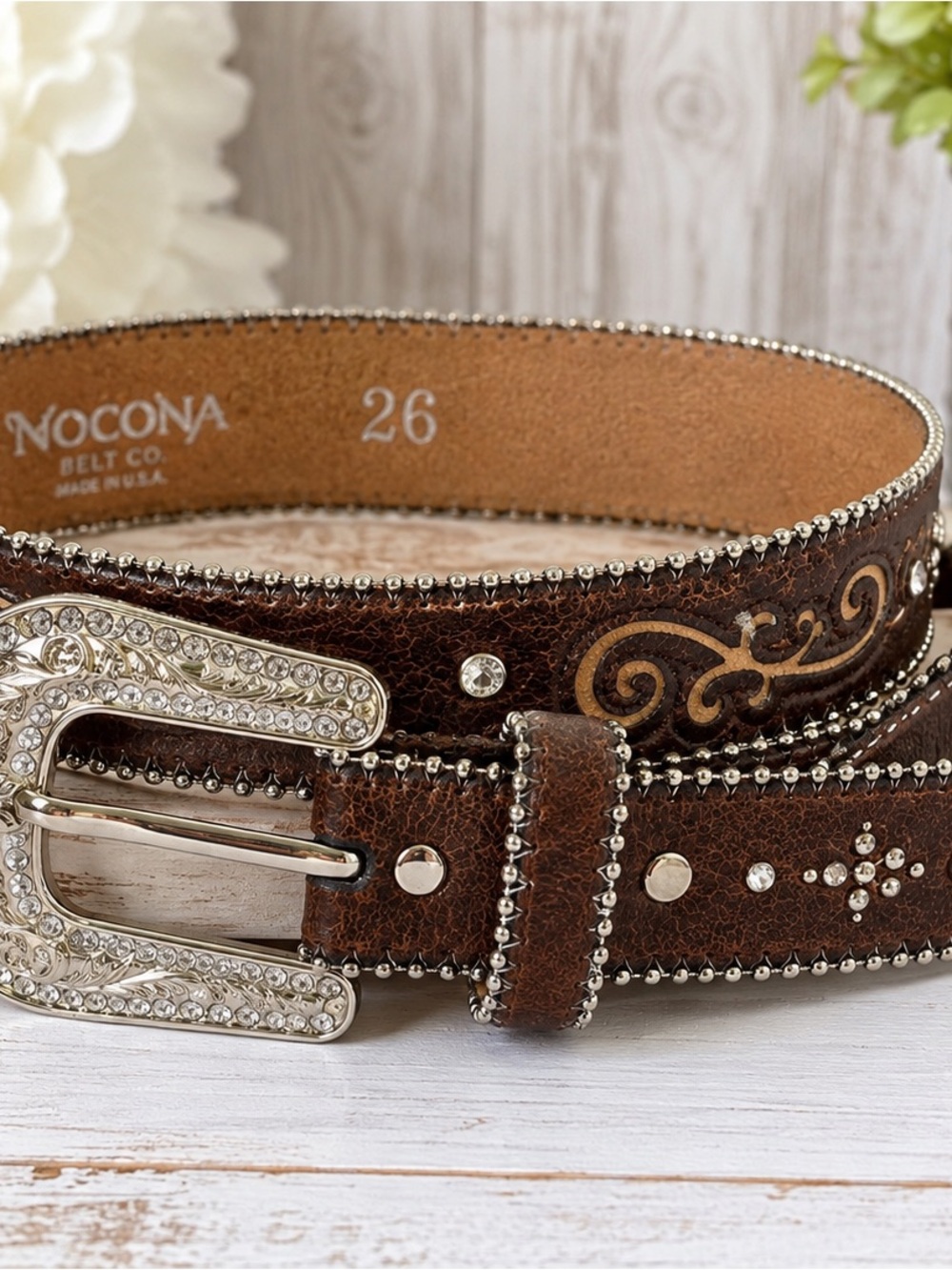 Nocona Women’s Brown Western Belt Size 26 Rhinestone Studded Adjustable Buckle